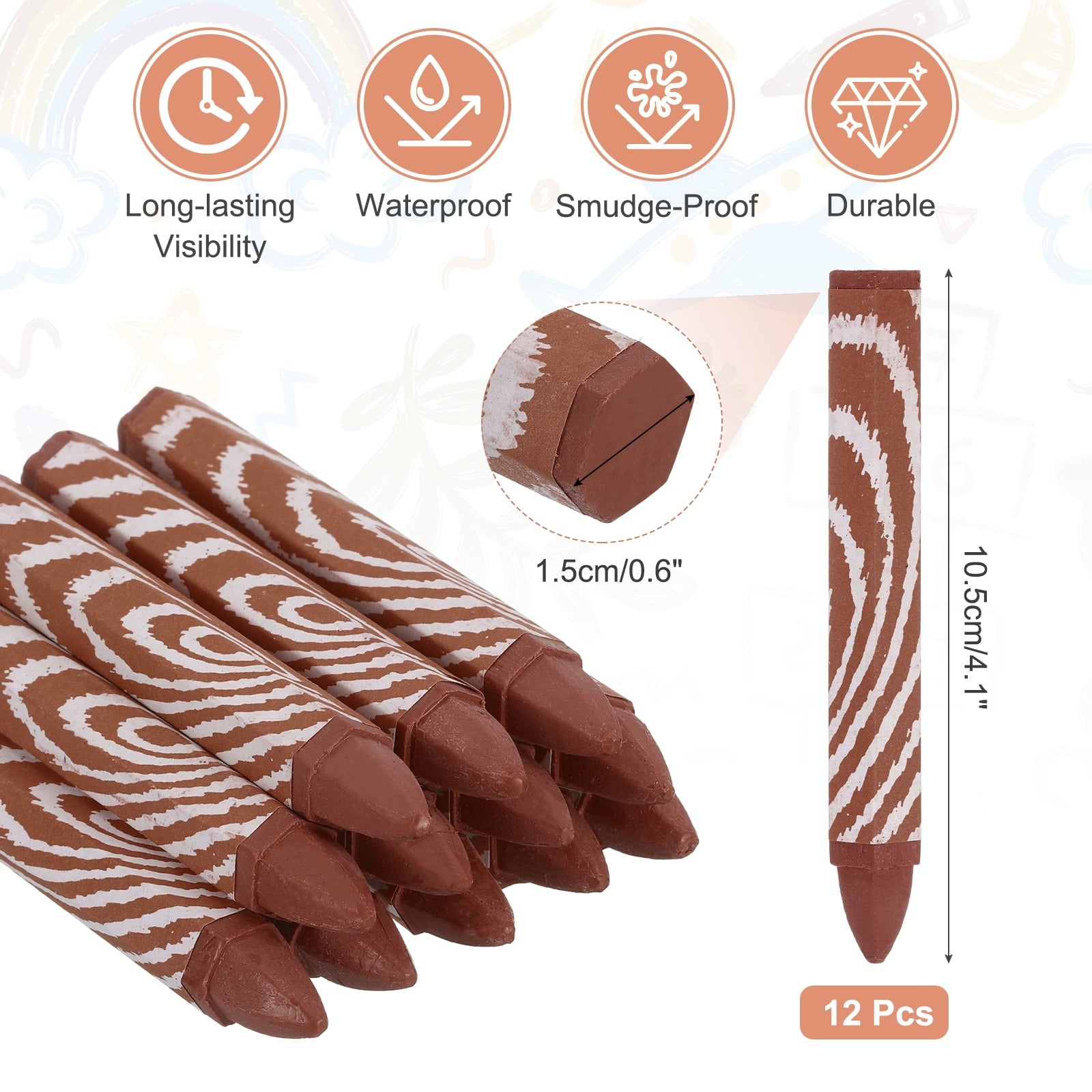 12Pcs Lumber Marking Crayons, 4.1" x 0.6" Hex Wax Tire Marker Pen Drawing Crayons for Wood Metal(Brown)