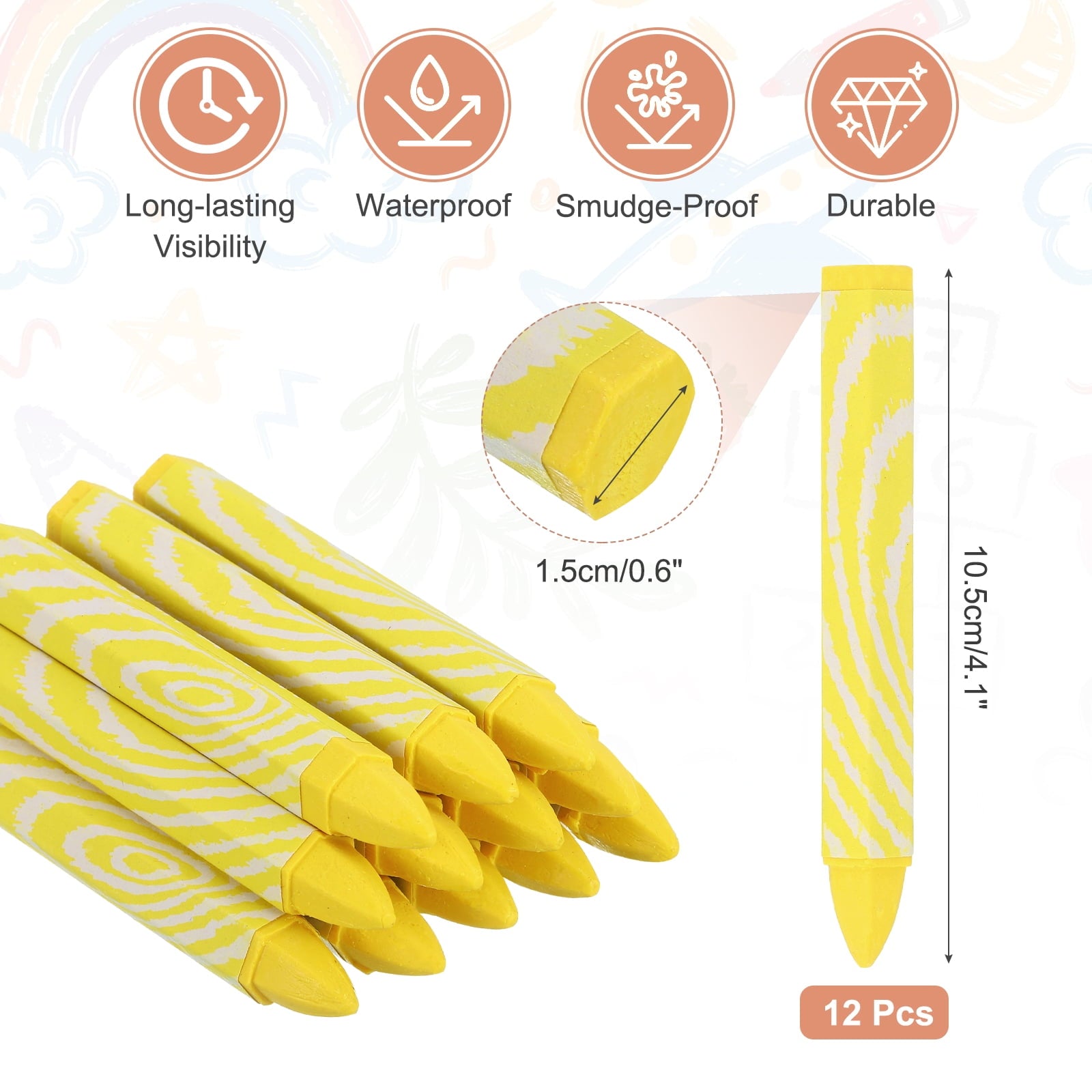 12Pcs Lumber Marking Crayons, 4.1" x 0.6" Hex Wax Tire Marker Pen Drawing Crayons for Wood Metal(Yellow)